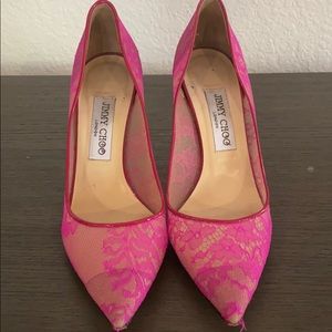 Jimmy Choo hot pink lace pumps